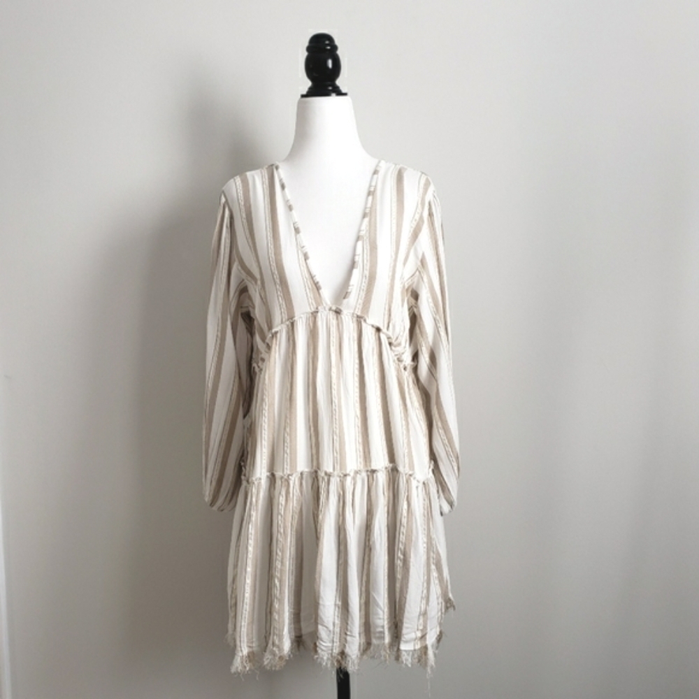 NWT ​Blue Island Boho Striped Metallic Gold Fringe Swimsuit Coverup Dress XS New